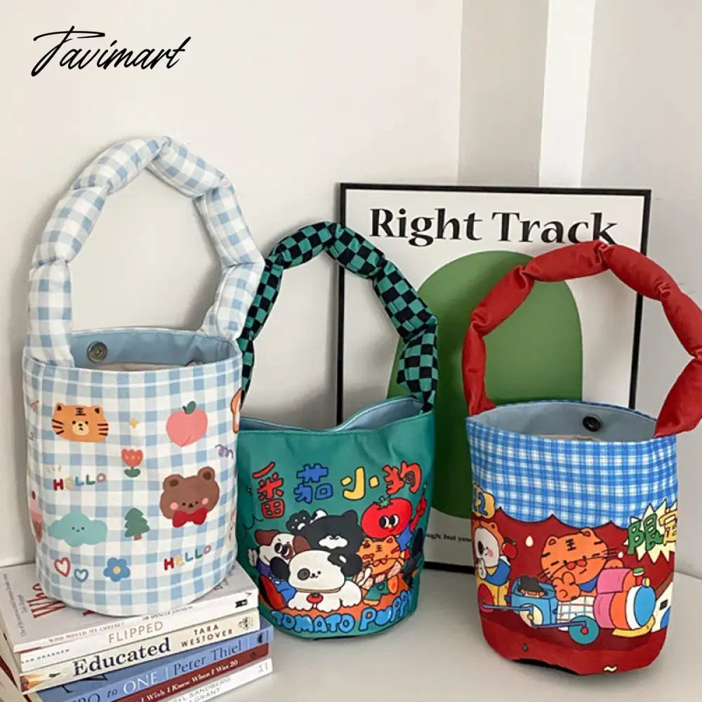 Women Cotton Bucket Shaped Shoulder Bag Magnetic Buckle Tote Female Animal Cartoon Pattern Hand Carry Canvas Bags