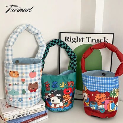 Women Cotton Bucket Shaped Shoulder Bag Magnetic Buckle Tote Female Animal Cartoon Pattern Hand Carry Canvas Bags