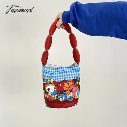 Women Cotton Bucket Shaped Shoulder Bag Magnetic Buckle Tote Female Animal Cartoon Pattern Hand Carry Canvas Bags