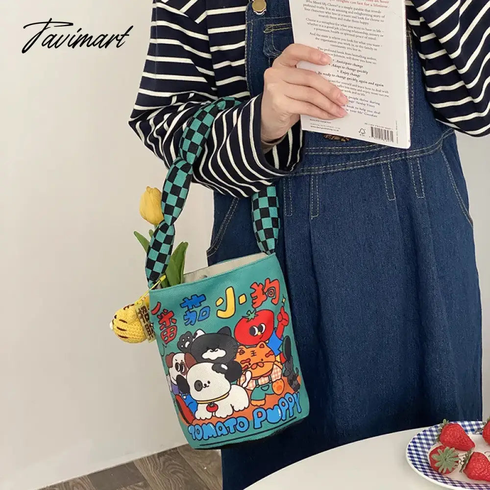 Women Cotton Bucket Shaped Shoulder Bag Magnetic Buckle Tote Female Animal Cartoon Pattern Hand Carry Canvas Bags