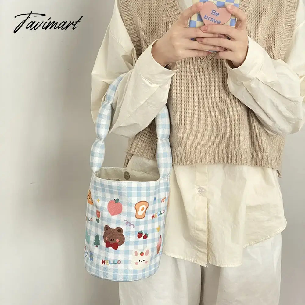Women Cotton Bucket Shaped Shoulder Bag Magnetic Buckle Tote Female Animal Cartoon Pattern Hand Carry Canvas Bags