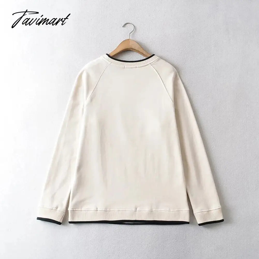 Women Crew Neck Raglan Sleeved Sweatshirt With Contrast Trimming In Beige Vintage Frint Front Sweatshirt
