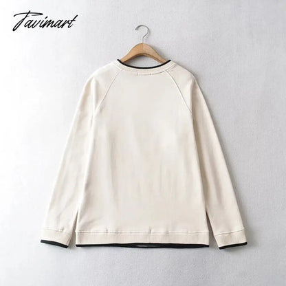 Women Crew Neck Raglan Sleeved Sweatshirt With Contrast Trimming In Beige Vintage Frint Front Sweatshirt
