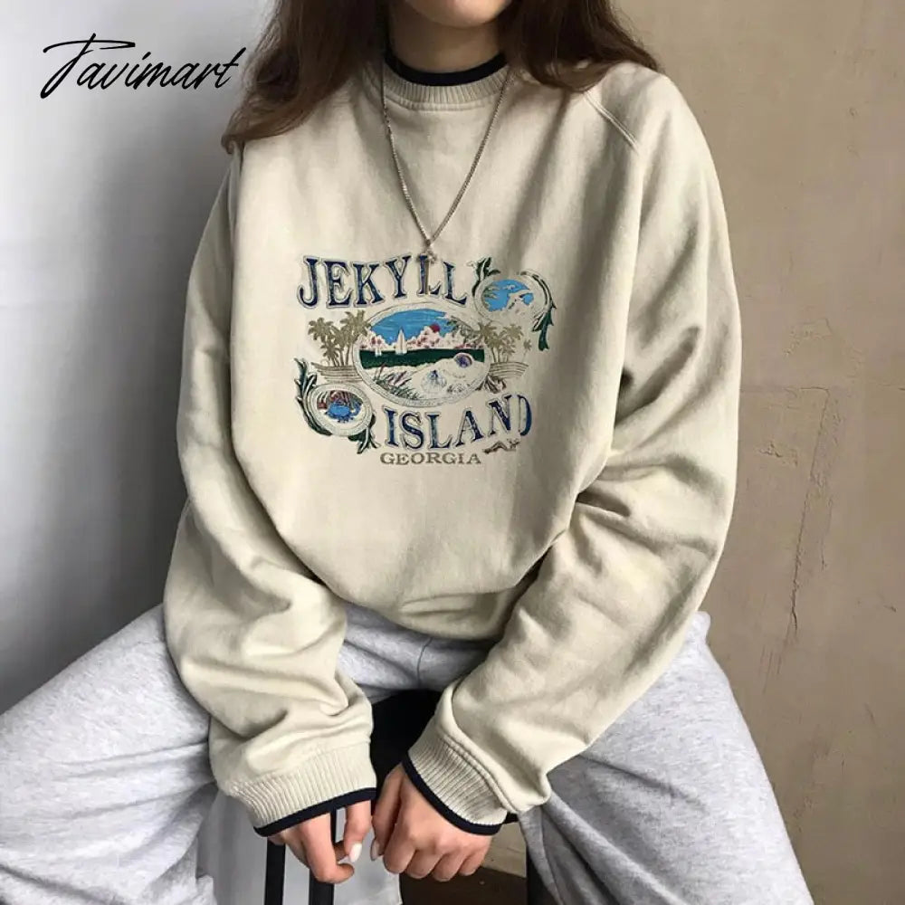 Women Crew Neck Raglan Sleeved Sweatshirt With Contrast Trimming In Beige Vintage Frint Front Sweatshirt