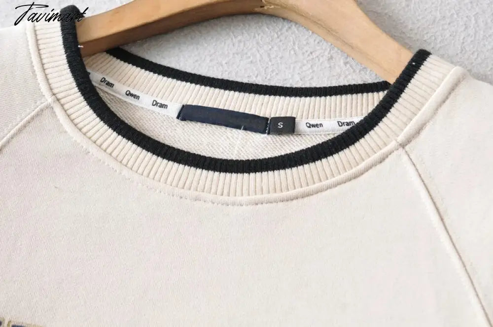 Women Crew Neck Raglan Sleeved Sweatshirt With Contrast Trimming In Beige Vintage Frint Front Sweatshirt