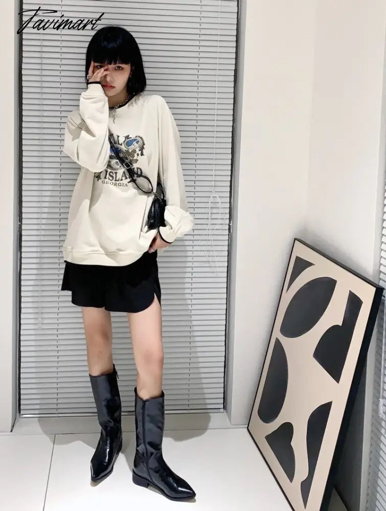 Women Crew Neck Raglan Sleeved Sweatshirt With Contrast Trimming In Beige Vintage Frint Front Sweatshirt