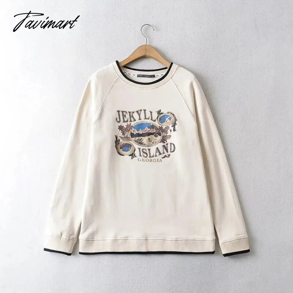 Women Crew Neck Raglan Sleeved Sweatshirt With Contrast Trimming In Beige Vintage Frint Front Sweatshirt
