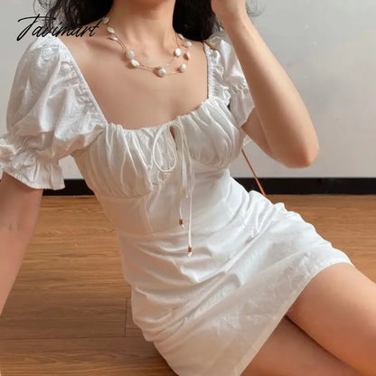 Women dress Summer French Retro Boho Tie Neck Mini Sexy White Women Dress Elegant Puff SleeveCasual Party Beach Light Dresses