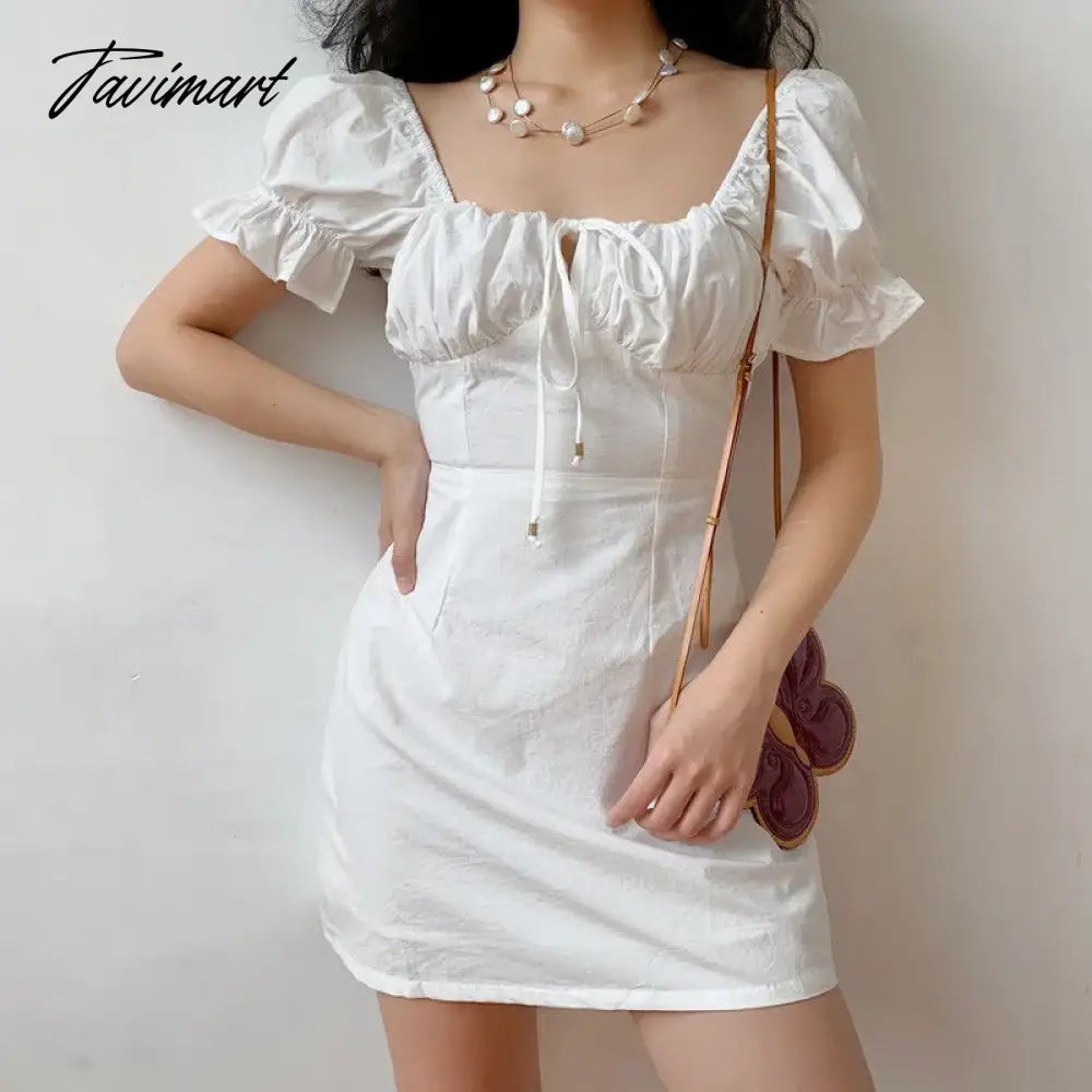 Women dress Summer French Retro Boho Tie Neck Mini Sexy White Women Dress Elegant Puff SleeveCasual Party Beach Light Dresses