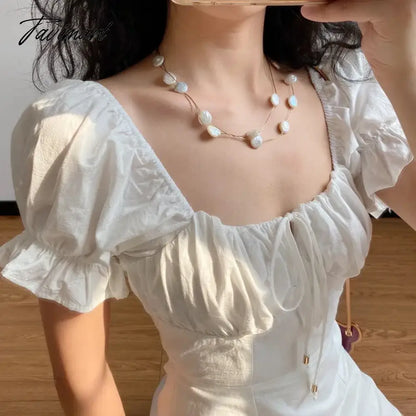 Women dress Summer French Retro Boho Tie Neck Mini Sexy White Women Dress Elegant Puff SleeveCasual Party Beach Light Dresses