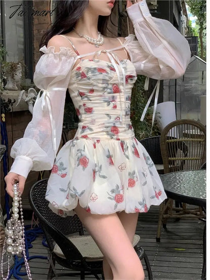 Women Elegant Floral Print Y2k Mini Dress Summer Sweet Puff Slevee Slim Cute Party Dress Female Holiday Beach Dress