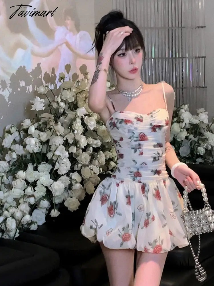 Women Elegant Floral Print Y2k Mini Dress Summer Sweet Puff Slevee Slim Cute Party Dress Female Holiday Beach Dress