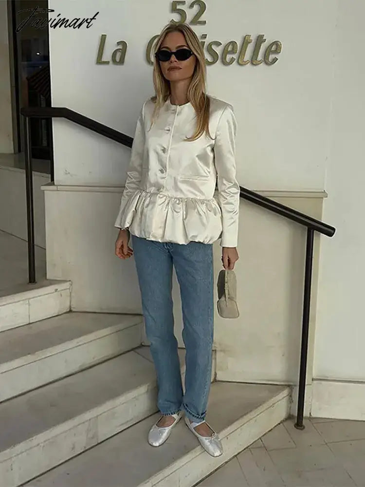 Women Elegant Round Neck Ruffled Hem Coat Long Sleeved Single Breasted Slim Short Jackets 2024 New Fashion Lady Commuter Outwear
