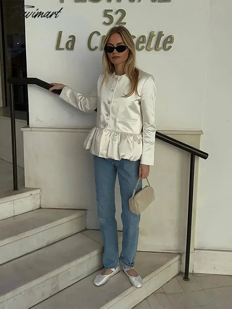 Women Elegant Round Neck Ruffled Hem Coat Long Sleeved Single Breasted Slim Short Jackets 2024 New Fashion Lady Commuter Outwear