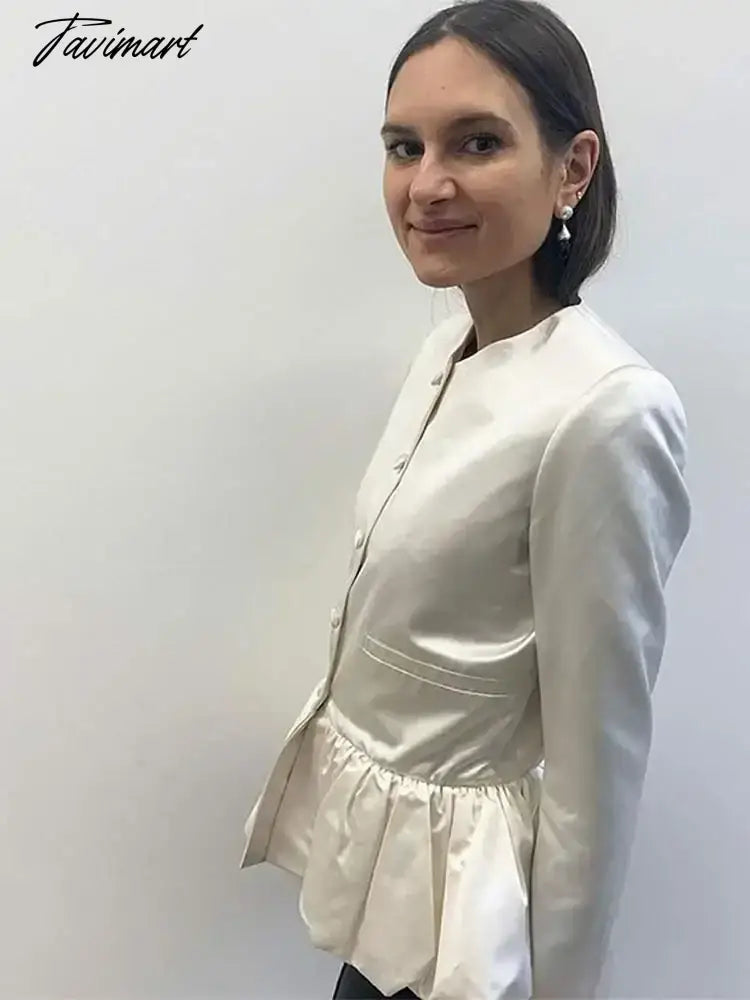 Women Elegant Round Neck Ruffled Hem Coat Long Sleeved Single Breasted Slim Short Jackets 2024 New Fashion Lady Commuter Outwear