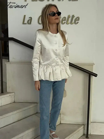 Women Elegant Round Neck Ruffled Hem Coat Long Sleeved Single Breasted Slim Short Jackets 2024 New Fashion Lady Commuter Outwear