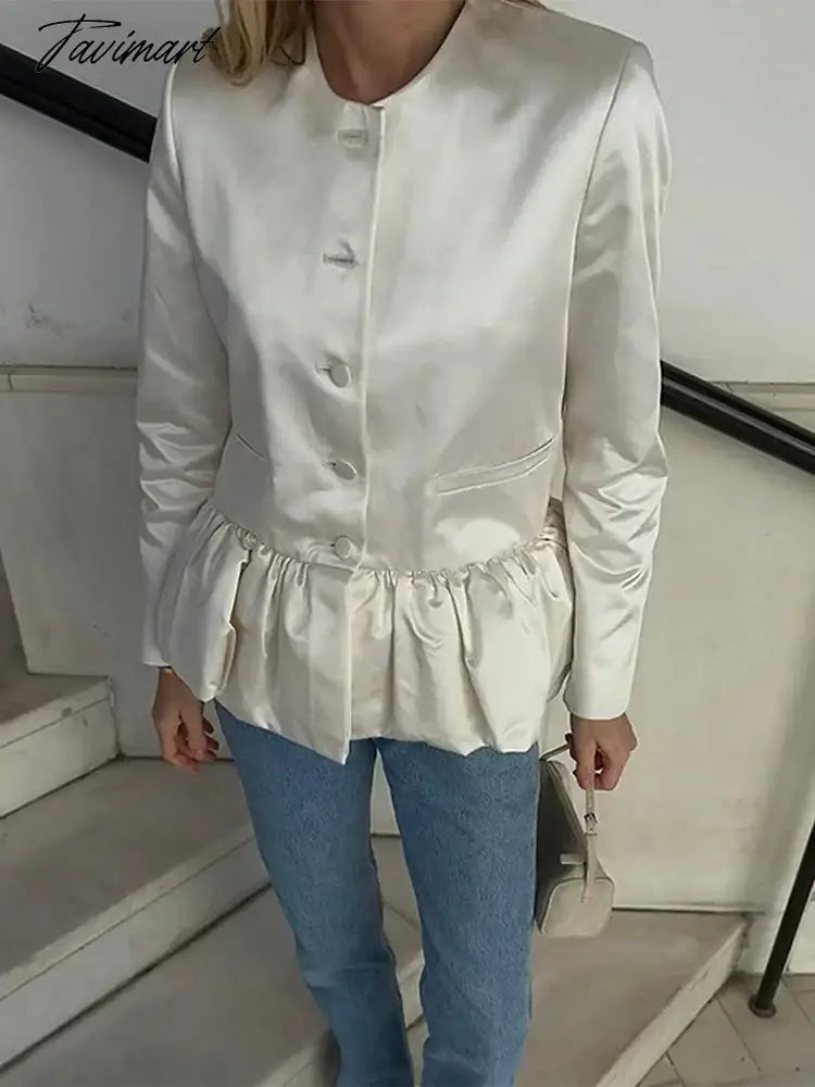 Women Elegant Round Neck Ruffled Hem Coat Long Sleeved Single Breasted Slim Short Jackets 2024 New Fashion Lady Commuter Outwear
