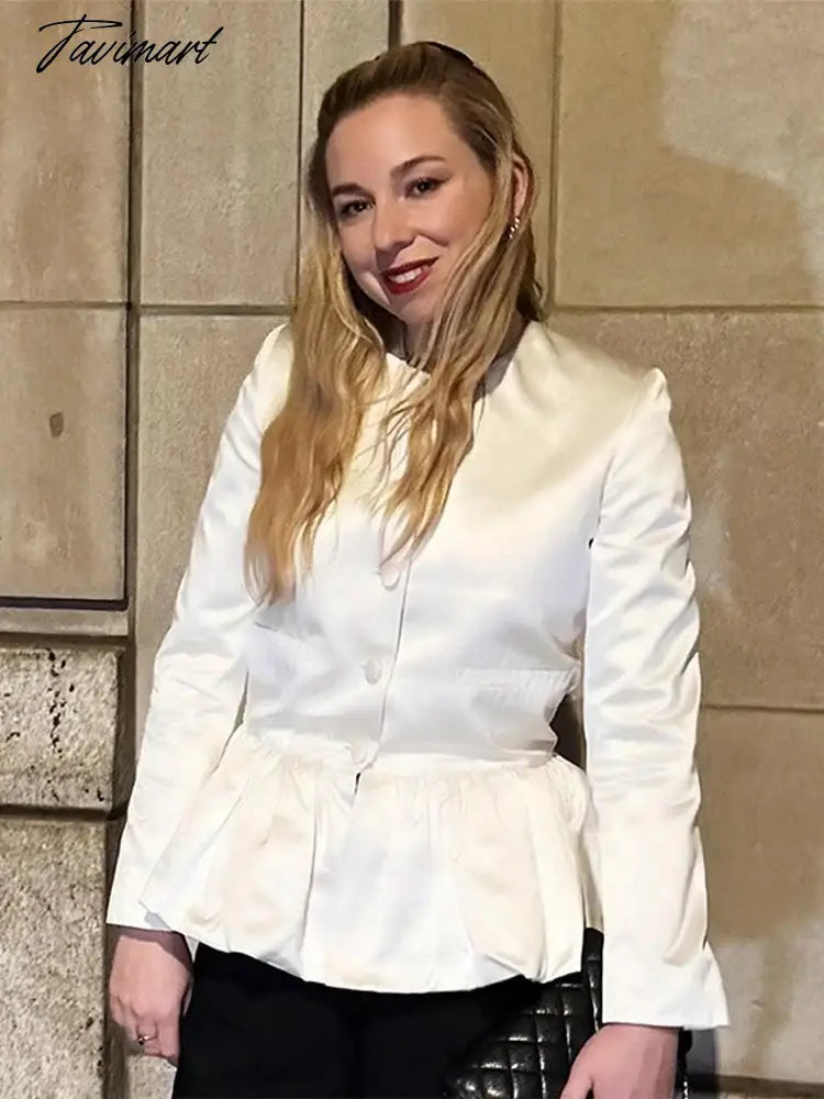 Women Elegant Round Neck Ruffled Hem Coat Long Sleeved Single Breasted Slim Short Jackets 2024 New Fashion Lady Commuter Outwear