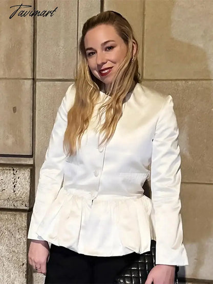 Women Elegant Round Neck Ruffled Hem Coat Long Sleeved Single Breasted Slim Short Jackets 2024 New Fashion Lady Commuter Outwear