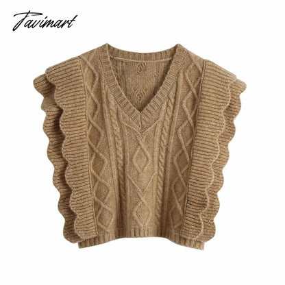 Women Elegant Twist Ruffle Trims Armhole Cable Knitted Sweater Vest Vintage Chaleco Mujer Female Waistcoat Chic Top