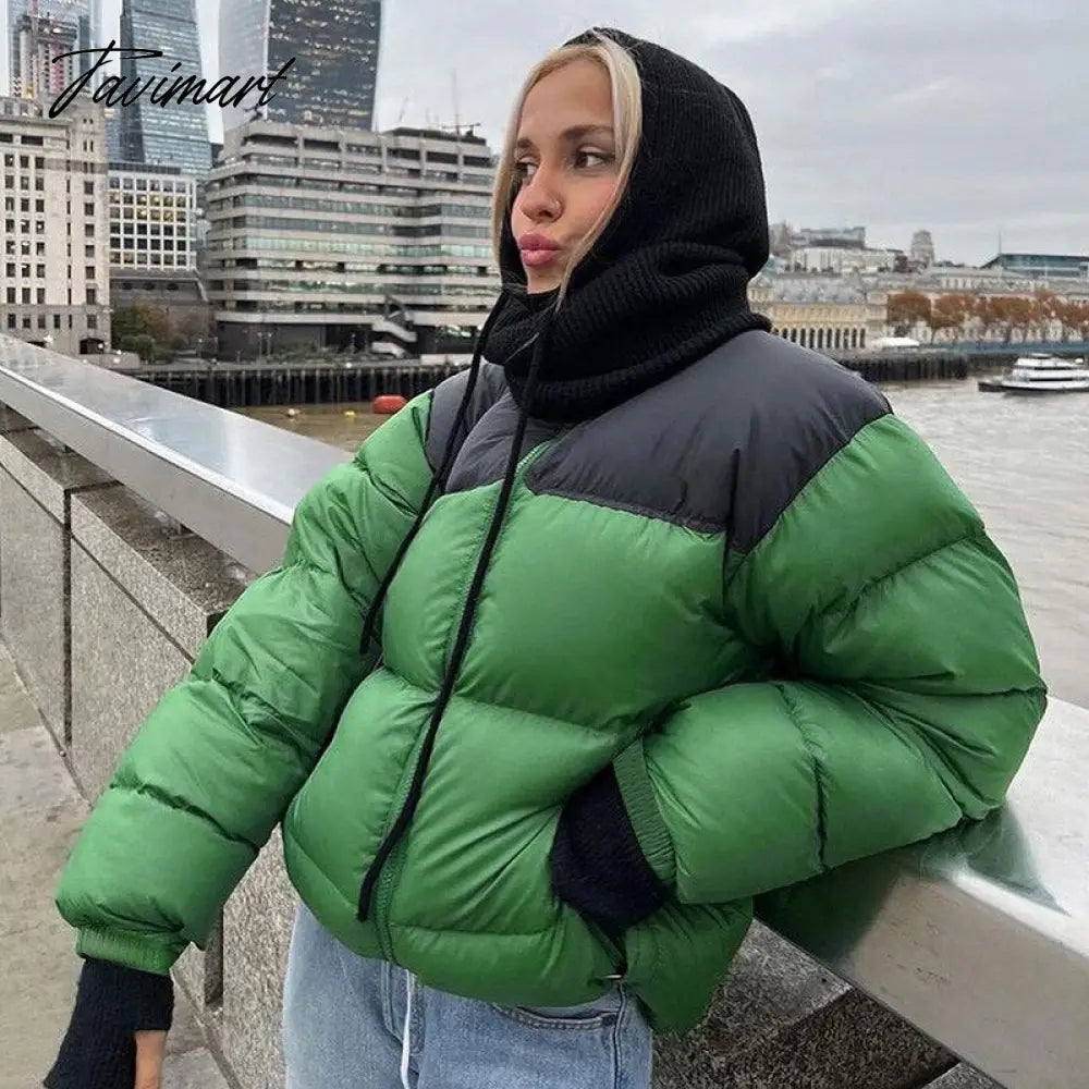 Women Fashion Patchwork Loose Bomber Jacket Coat Y2K Vintage Long Sleeve Zipper Warm Parkas Female Outerwear Winter Women Coats