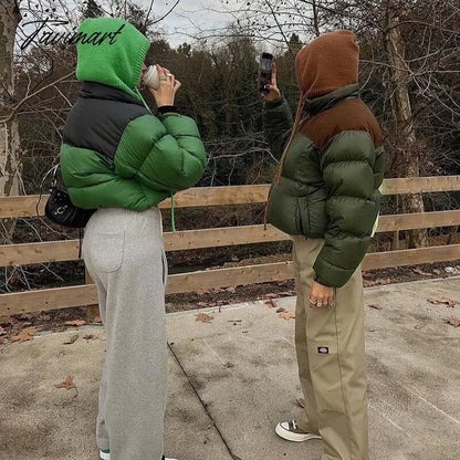 Women Fashion Patchwork Loose Bomber Jacket Coat Y2K Vintage Long Sleeve Zipper Warm Parkas Female Outerwear Winter Women Coats