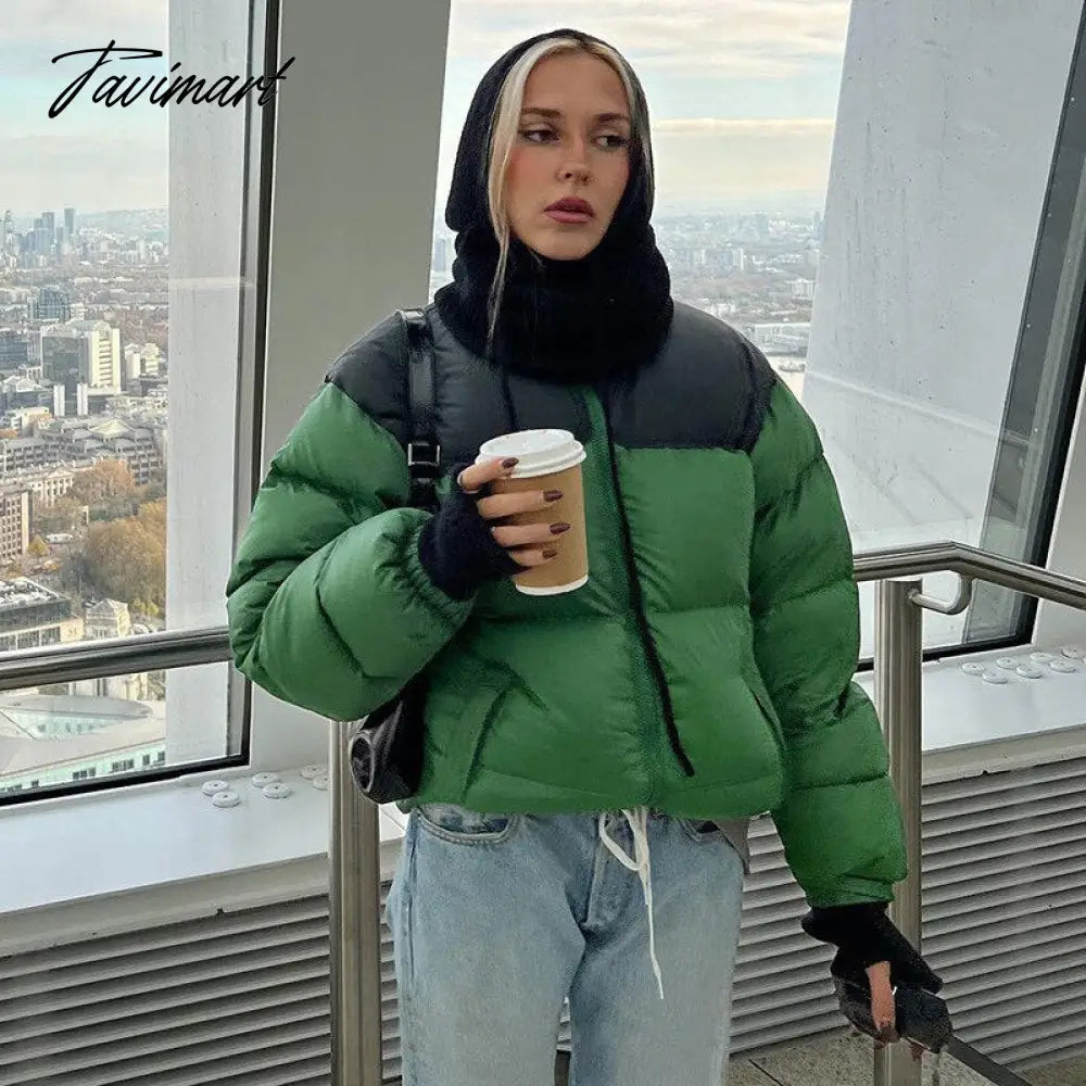 Women Fashion Patchwork Loose Bomber Jacket Coat Y2K Vintage Long Sleeve Zipper Warm Parkas Female Outerwear Winter Women Coats