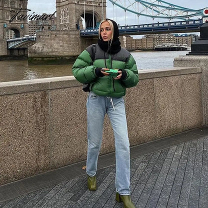 Women Fashion Patchwork Loose Bomber Jacket Coat Y2K Vintage Long Sleeve Zipper Warm Parkas Female Outerwear Winter Women Coats