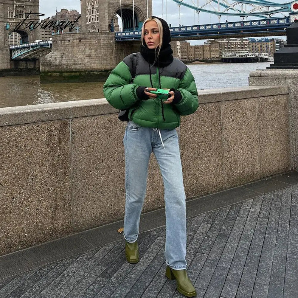 Women Fashion Patchwork Loose Bomber Jacket Coat Y2K Vintage Long Sleeve Zipper Warm Parkas Female Outerwear Winter Women Coats
