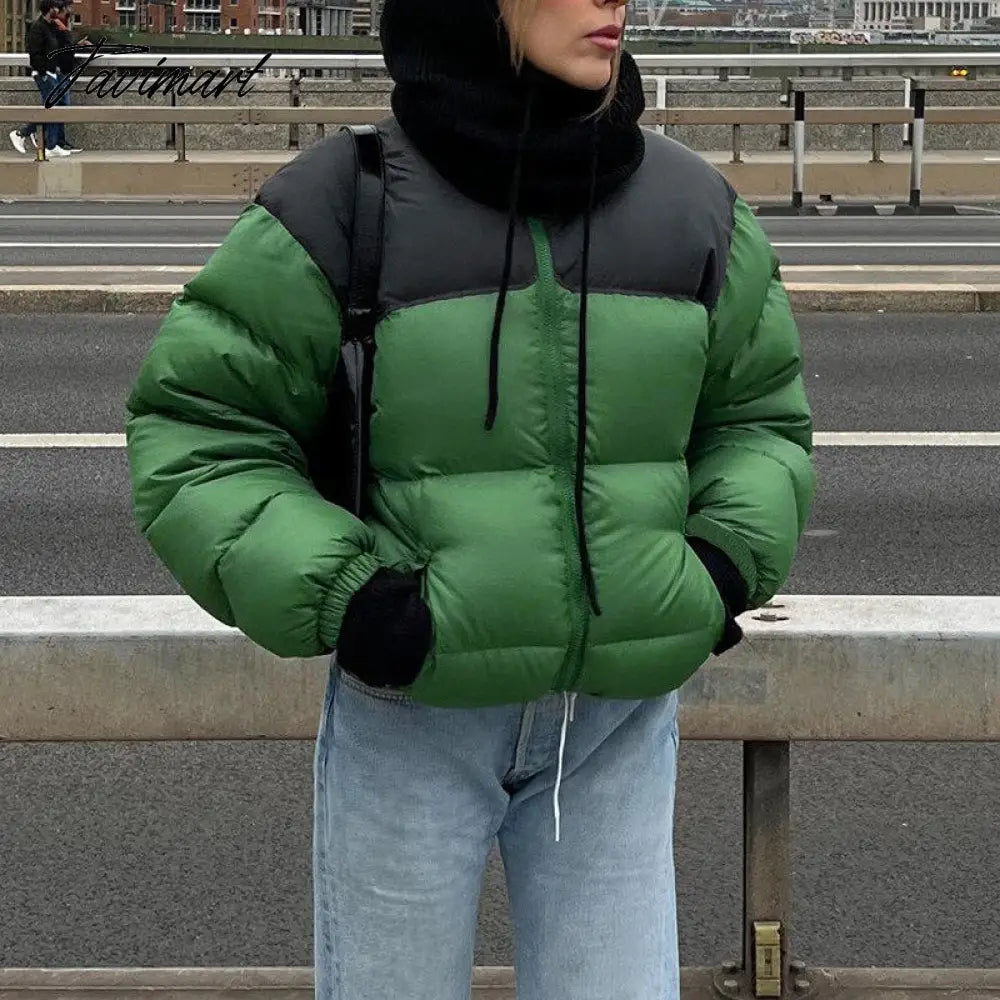 Women Fashion Patchwork Loose Bomber Jacket Coat Y2K Vintage Long Sleeve Zipper Warm Parkas Female Outerwear Winter Women Coats