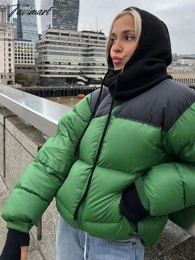 Women Fashion Patchwork Loose Bomber Jacket Coat Y2K Vintage Long Sleeve Zipper Warm Parkas Female Outerwear Winter Women Coats