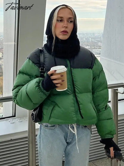 Women Fashion Patchwork Loose Bomber Jacket Coat Y2K Vintage Long Sleeve Zipper Warm Parkas Female Outerwear Winter Women Coats