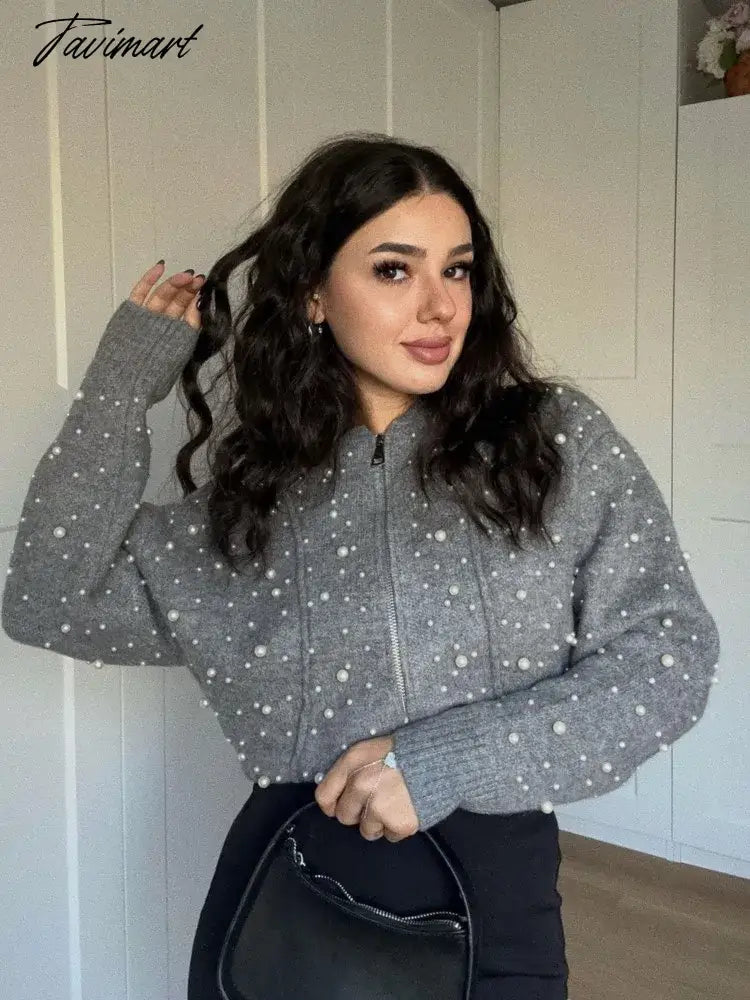 Women Fashion Pearl Knit Flight Jacket Chic Round Neck Long Sleeve Zippered Short Coat Autumn Lady Elegant Knitwear