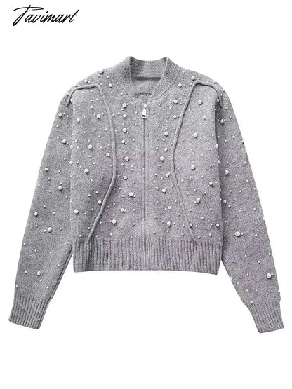 Women Fashion Pearl Knit Flight Jacket Chic Round Neck Long Sleeve Zippered Short Coat Autumn Lady Elegant Knitwear