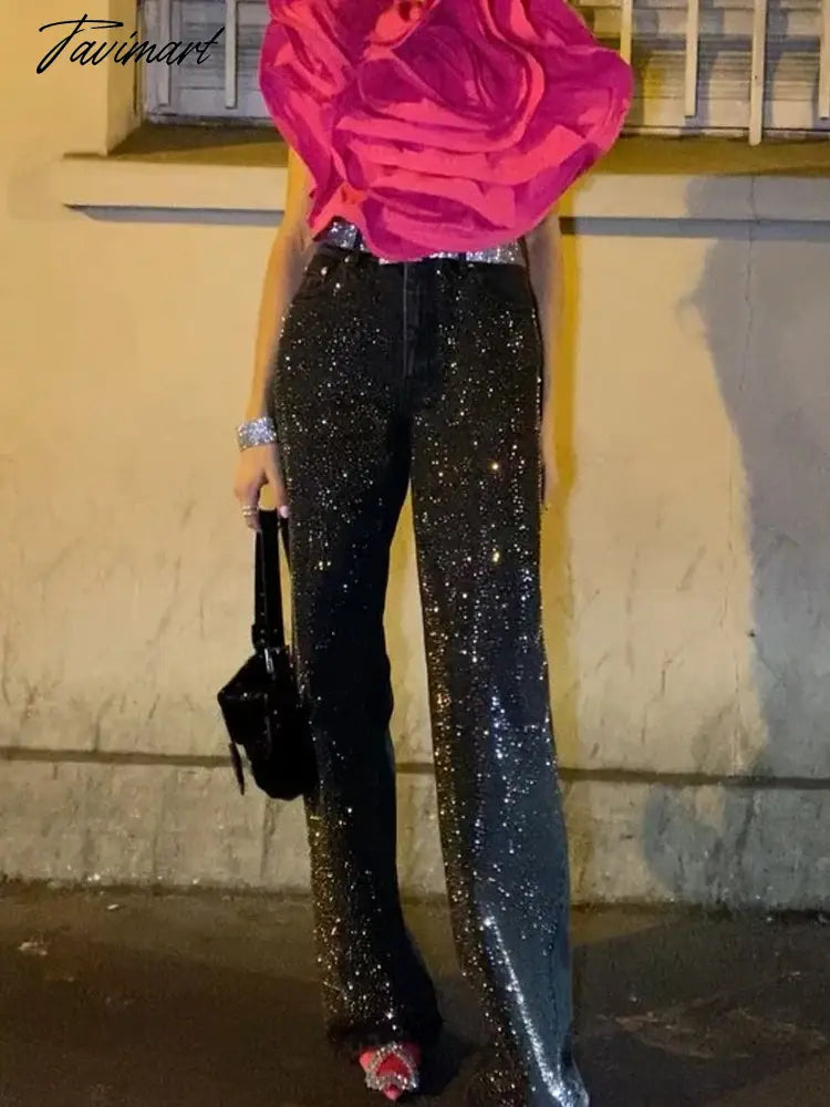 Women Fashion Y2K Patchwork Sparkle Sequin Pants Elegant Slim Wide Leg Denim Pant Winter Autumn High Street Party Black Jeans