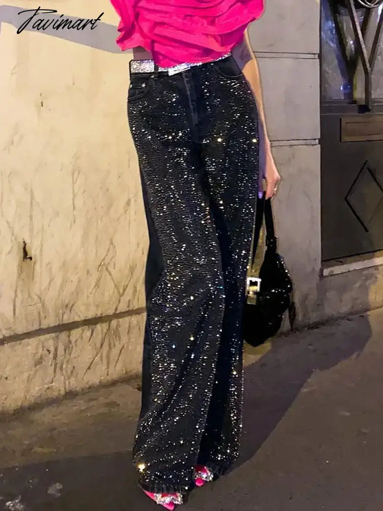 Women Fashion Y2K Patchwork Sparkle Sequin Pants Elegant Slim Wide Leg Denim Pant Winter Autumn High Street Party Black Jeans