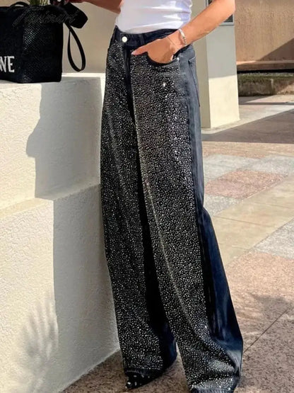 Women Fashion Y2K Patchwork Sparkle Sequin Pants Elegant Slim Wide Leg Denim Pant Winter Autumn High Street Party Black Jeans