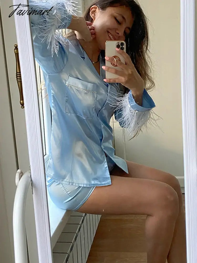 Women Feather Full Sleeve Pajama Sets Suits With Shorts Pocket Turn Down Collar Nightwear Fashion Single Breasted Outwears