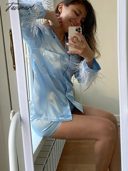 Women Feather Full Sleeve Pajama Sets Suits With Shorts Pocket Turn Down Collar Nightwear Fashion Single Breasted Outwears