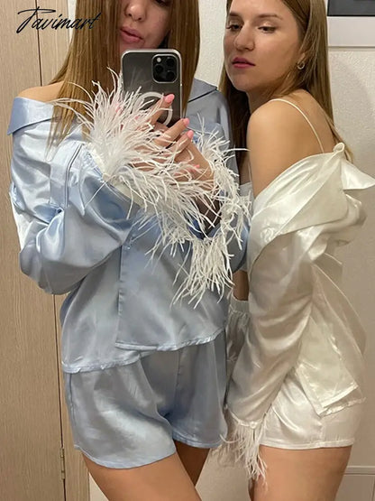 Women Feather Full Sleeve Pajama Sets Suits With Shorts Pocket Turn Down Collar Nightwear Fashion Single Breasted Outwears