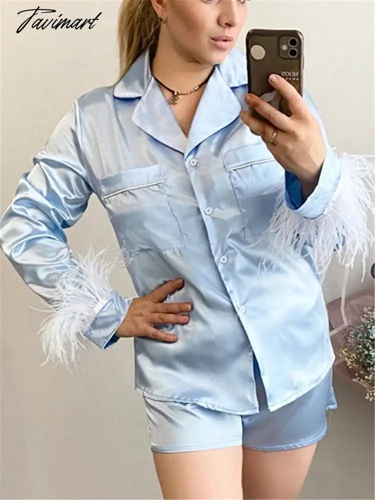Women Feather Full Sleeve Pajama Sets Suits With Shorts Pocket Turn Down Collar Nightwear Fashion Single Breasted Outwears