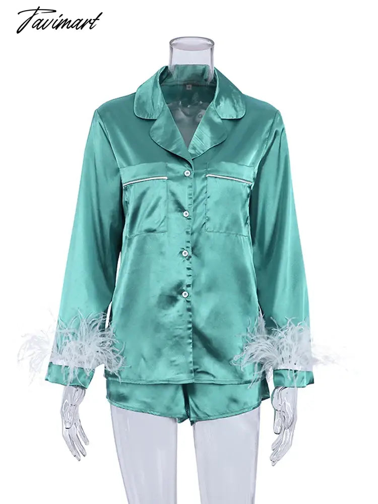 Women Feather Full Sleeve Pajama Sets Suits With Shorts Pocket Turn Down Collar Nightwear Fashion Single Breasted Outwears