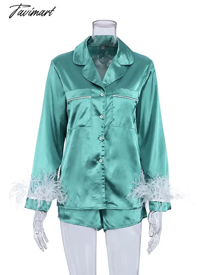 Women Feather Full Sleeve Pajama Sets Suits With Shorts Pocket Turn Down Collar Nightwear Fashion Single Breasted Outwears