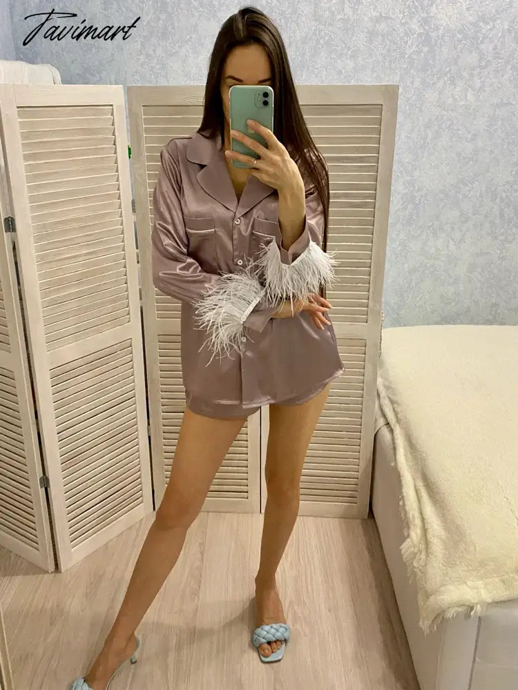 Women Feather Full Sleeve Pajama Sets Suits With Shorts Pocket Turn Down Collar Nightwear Fashion Single Breasted Outwears