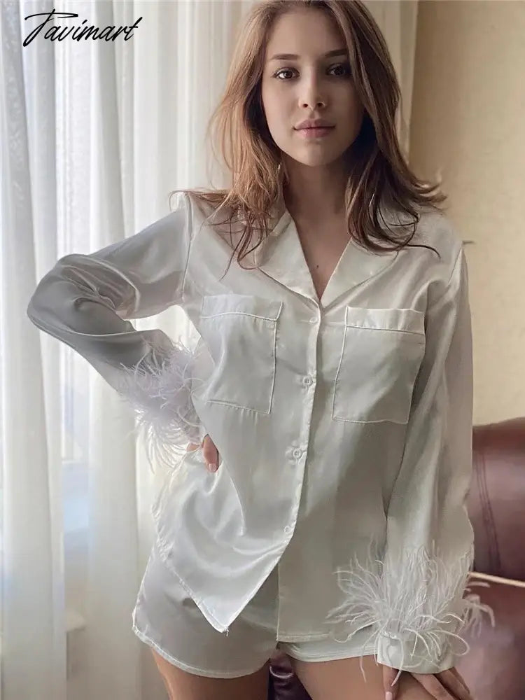 Women Feather Full Sleeve Pajama Sets Suits With Shorts Pocket Turn Down Collar Nightwear Fashion Single Breasted Outwears
