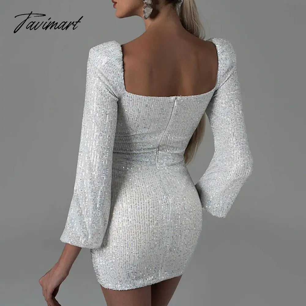 Women Hollow Backless Zip V-neck Party Dress Spring Sequin Split Irregular Mini Dress Autumn Long Sleeve Slim Bodycon Hips Dress