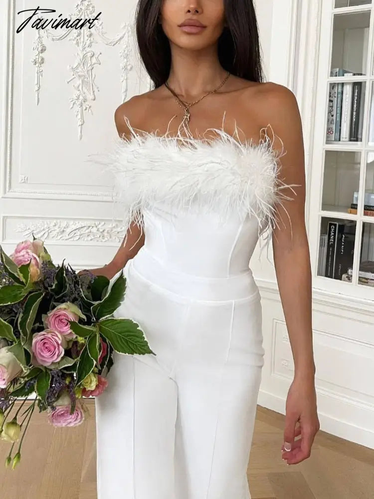 Women Jumpsuits Tube Top Feathers Patchwork Boot Cut One Piece Outfit Trousers Elegant Formal Occasion Party Club Jumpsuit