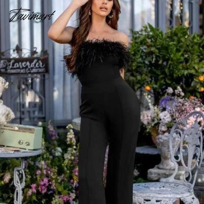 Women Jumpsuits Tube Top Feathers Patchwork Boot Cut One Piece Outfit Trousers Elegant Formal Occasion Party Club Jumpsuit