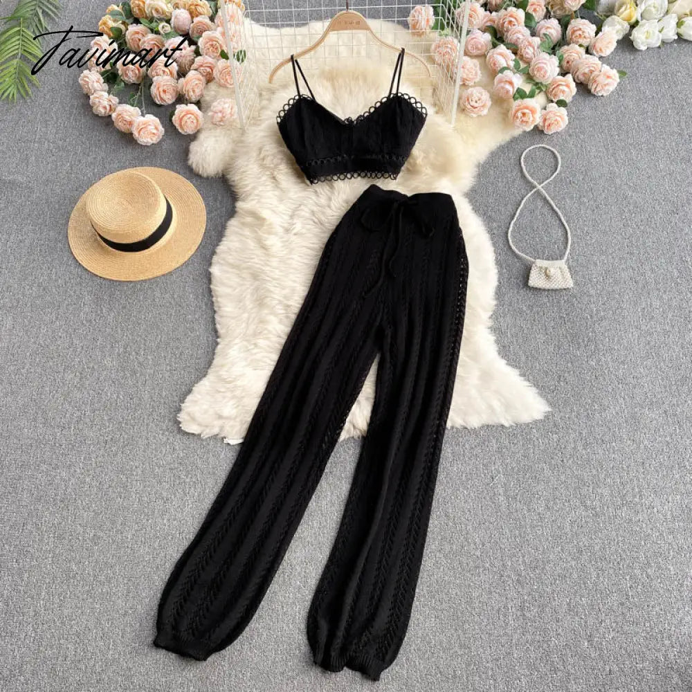 Women Korean Style Knitted Pants Sets Summer Elastic Waist Belt Vacation Elegant Ladies Beach A Line Two Piece Sets