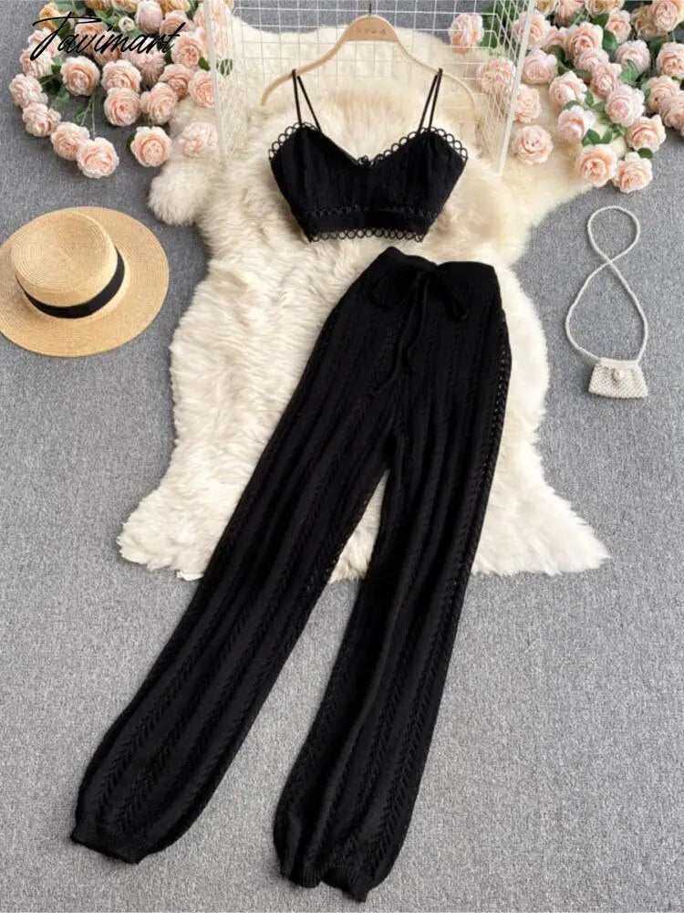 Women Korean Style Knitted Pants Sets Summer Elastic Waist Belt Vacation Elegant Ladies Beach A Line Two Piece Sets